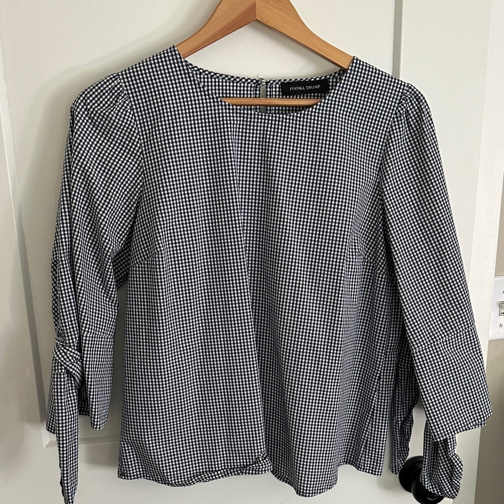 Blue and White Gingham Women's Top - Tye Sleeves - Never Worn